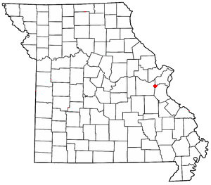 A map of Missouri with a red dot indicating the location of Pacific
